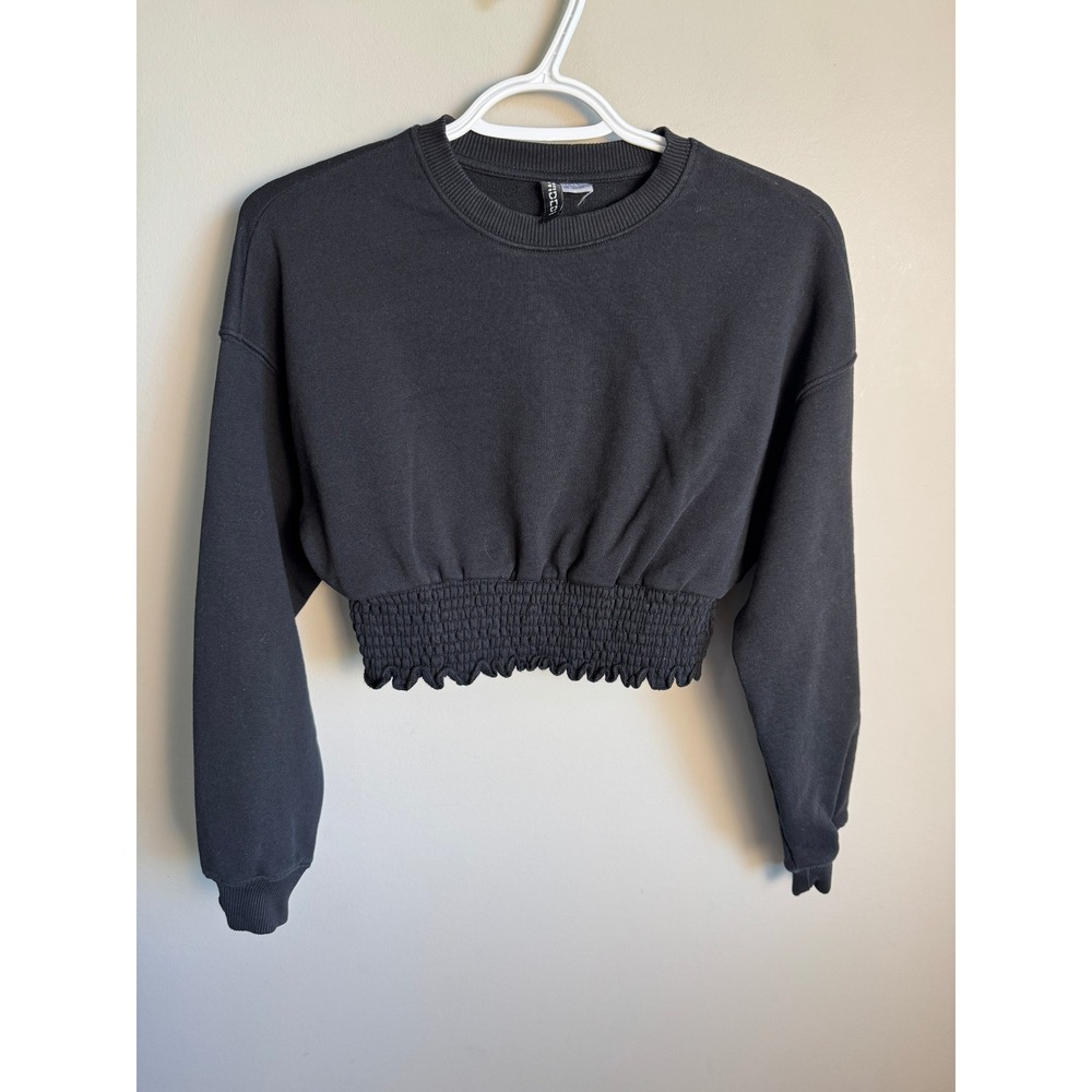 H&M Womens Black Smocked Waist Cropped Sweatshirt S Streetwear Casual Minimalist